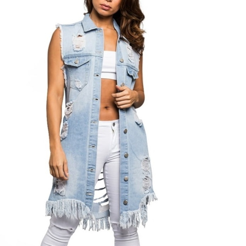 AMERICAN BAZI WOMENS OVERSIZED DESTROYED LONG DENIM JEAN VEST SIZE M.